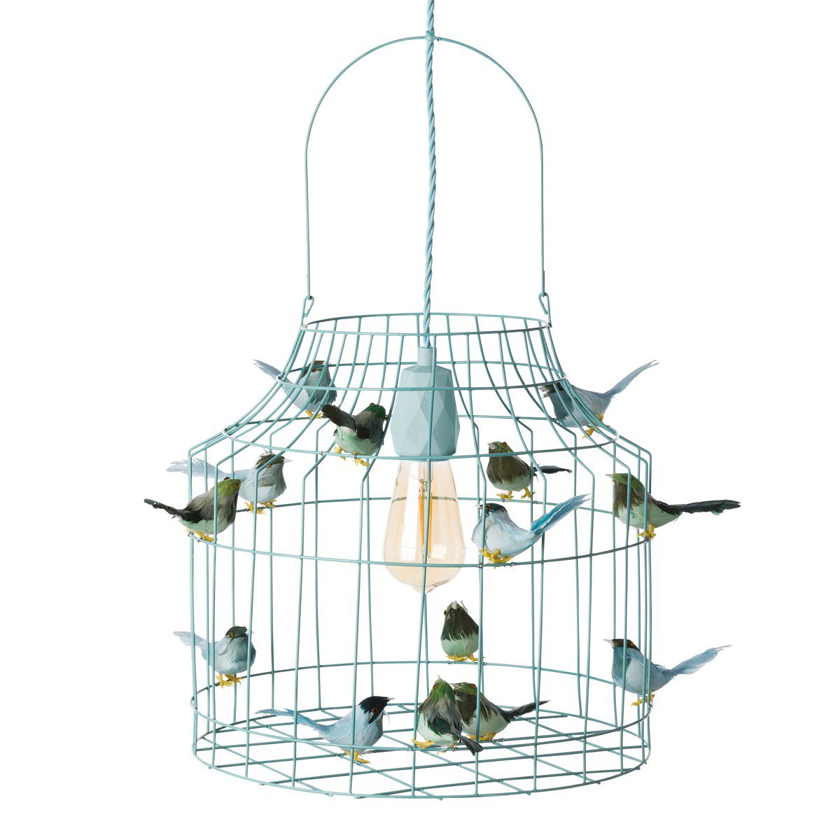 Hanglamp met 14 vogeltjes lichtblauw middel