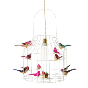 Hanglamp wit frame met 14 gekleurde vogeltjes middel