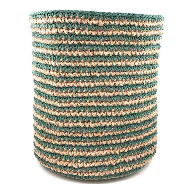 Hoge jute mand met groene strepen 30 cm.